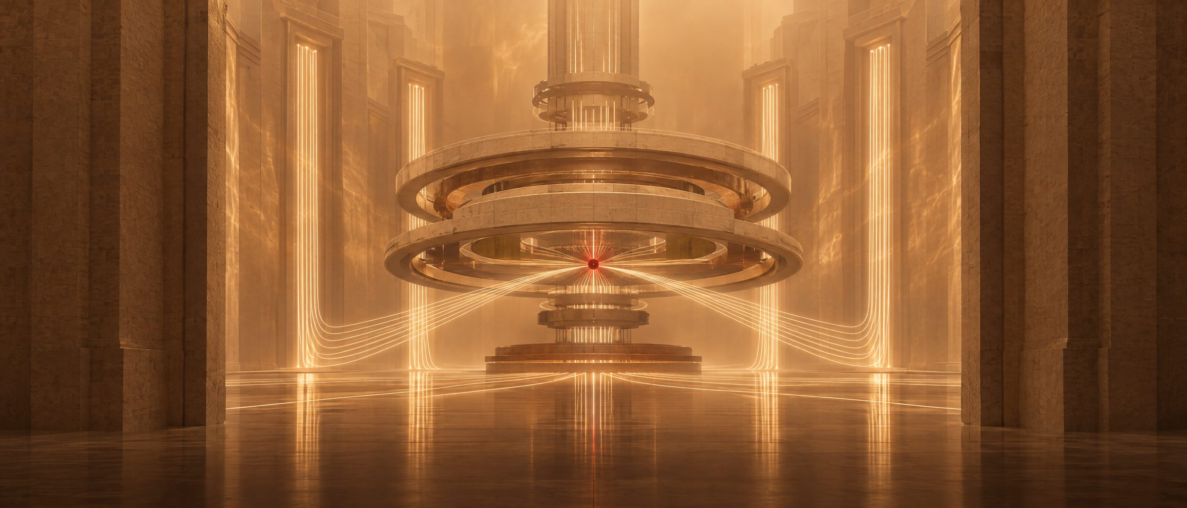 Illustration: a monumental precision machine inside the architecture, streams of light converging on one point.