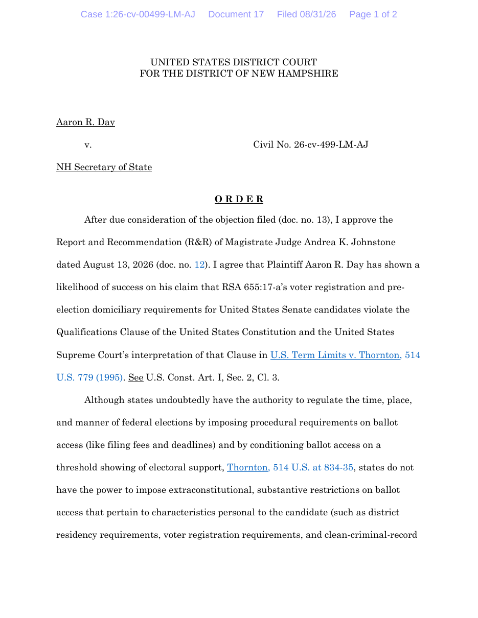 First page of the federal court order granting a preliminary injunction