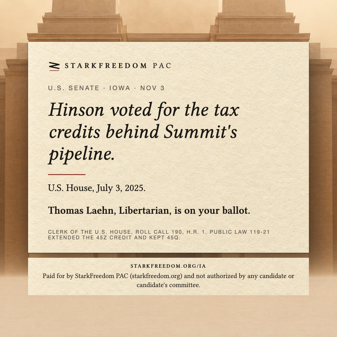 Hinson voted for the tax credits behind Summit's pipeline.